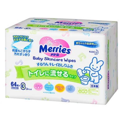 Детские влажные салфетки Merries Wet wipes Merries Flushable baby 64x3pcs