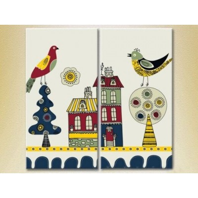 Pictură ArtPoster Birds and houses (2225823)