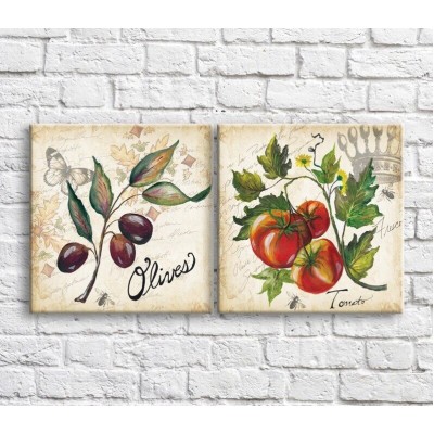 Pictură ArtPoster Olives and tomatoes on a background of butterfly and text (3478766)