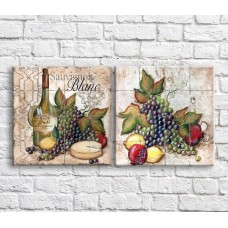 Pictură ArtPoster Wine/cheese and fruits on a background of patterns (3478724)