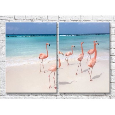 Pictură ArtPoster A flock of flamingos walking along a tropical beach (3451164)