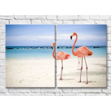 Pictură ArtPoster Couple of flamingos on the background of the beach (3451161)