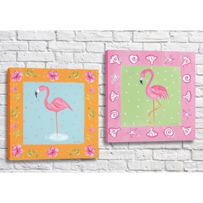 Pictură ArtPoster Painted flamingos on Orange-Pink backgrounds (3451152)