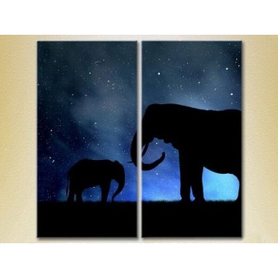 Pictură ArtPoster Diptych Elephants against the background of the starry sky (2602983)