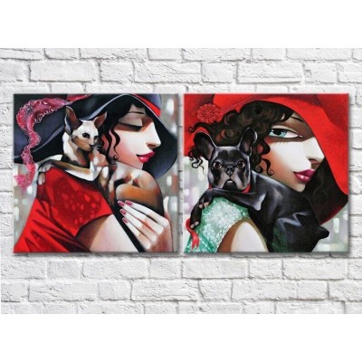 Картина ArtPoster Portraits of girls with a dog and a cat the work of a modern artist (3460047)