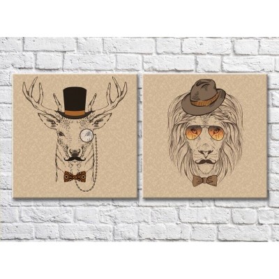 Pictură ArtPoster Deer with eyeglasses and lion in hat (3447729)