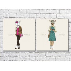 Картина ArtPoster Cat with Pink clutch and hipster deer (3447714)