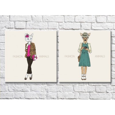 Pictură ArtPoster Cat with Pink clutch and hipster deer (3447714)