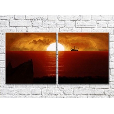 Pictură ArtPoster Ship at sea against the background of a Red sunset (3453830)