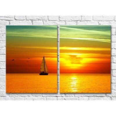 Pictură ArtPoster Sailing boat on the background of Yellow sunset (3453781)