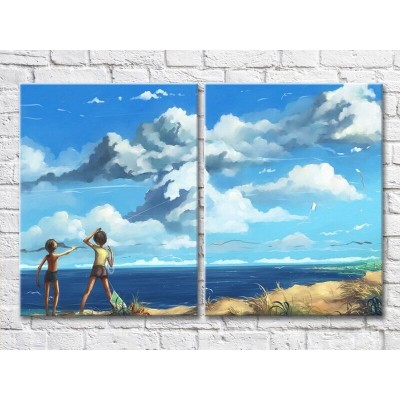 Pictură ArtPoster Children flying kites on the beach (3453735)