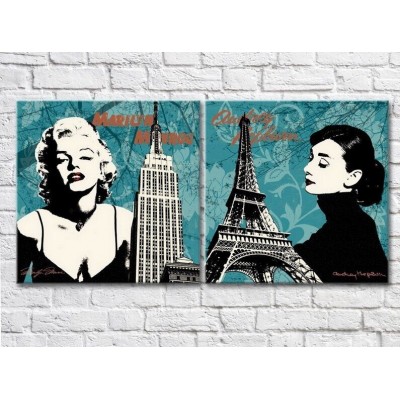 Pictură ArtPoster Audrey Hepburn and Marilyn Monroe on a Turquoise background (3453068)