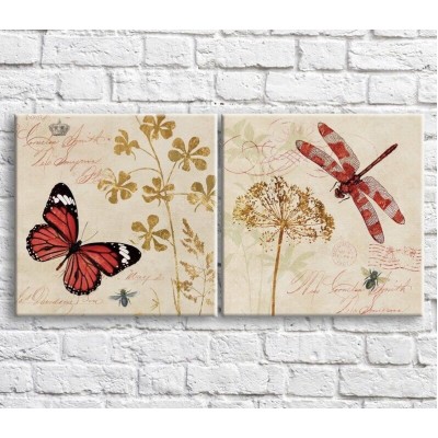 Картина ArtPoster Red butterfly and dragonfly on the background of plants and text (3467732)