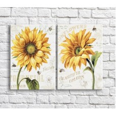 Pictură ArtPoster Yellow sunflowers and bees on a White background with text (3467856)