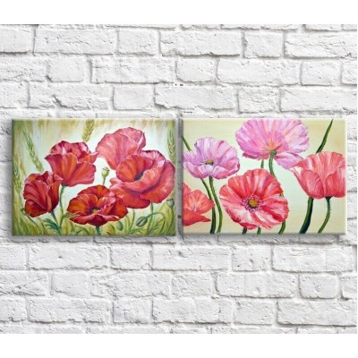 Pictură ArtPoster Pink and Red poppies in oil on a Beige background (3467859)