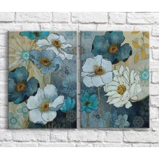 Pictură ArtPoster Blue and White poppies on a background of plants and patterns (3467861)