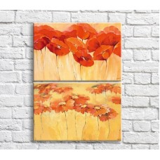 Pictură ArtPoster Red poppies and gerberas in oil on a Yellow background (3467847)