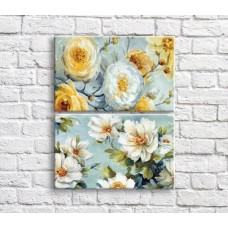 Pictură ArtPoster Cream and White flowers in oil on a Blue background (3467849)