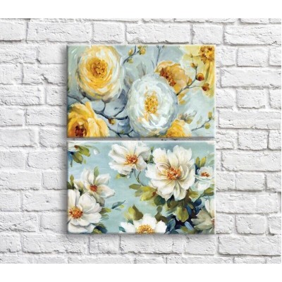 Pictură ArtPoster Cream and White flowers in oil on a Blue background (3467849)