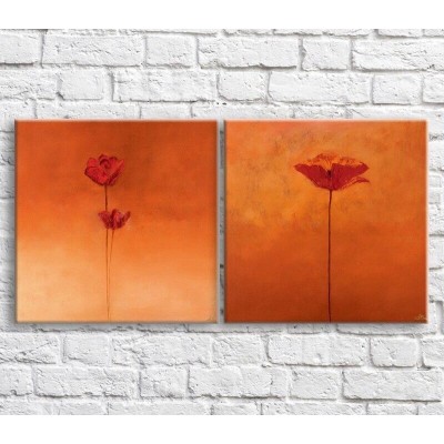 Pictură ArtPoster Dark/Red poppies with oil on an Orange background (3467813)