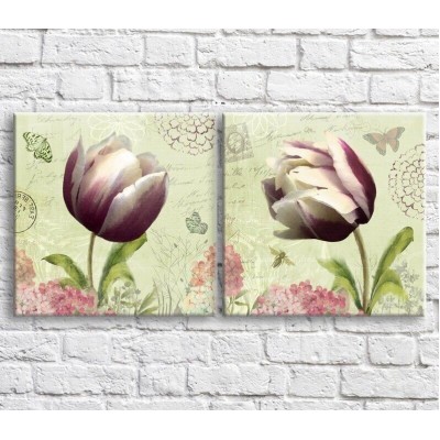 Pictură ArtPoster Violet White tulips and butterflies on a Green background (3467798)