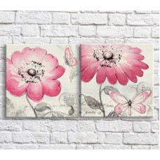 Pictură ArtPoster Pink wildflowers and butterflies on Black and White background (3467786)