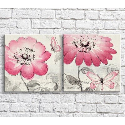 Pictură ArtPoster Pink wildflowers and butterflies on Black and White background (3467786)