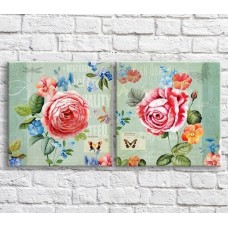 Pictură ArtPoster Pink roses and butterflies on a Blue background (3467787)