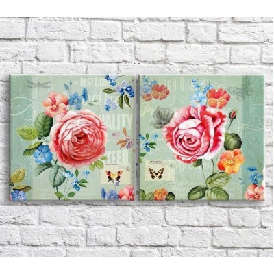 Pictură ArtPoster Pink roses and butterflies on a Blue background (3467787)