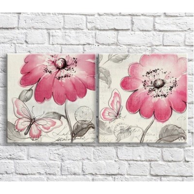 Картина ArtPoster Pink butterflies and wildflowers on Black and White background (3467781)