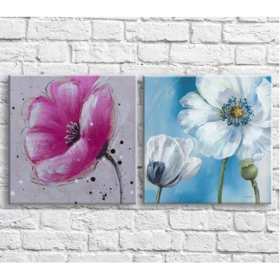 Картина ArtPoster Pink and White poppies on Blue and Gray backgrounds (3467782)