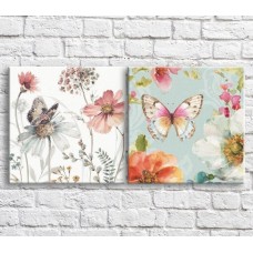 Pictură ArtPoster Multicolored butterflies and flowers on White and Blue background (3467768)