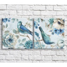 Pictură ArtPoster Birds and Blue flowers on a Blue background (3467770)