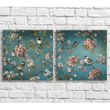 Pictură ArtPoster Birds and butterflies on sakura branch on Blue background (3467761)