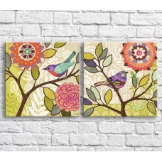 Pictură ArtPoster Birds and Pink flowers on a Green background (3467764)