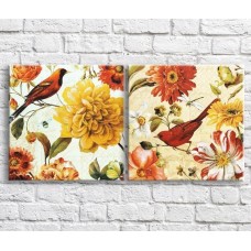 Pictură ArtPoster Birds on a branch against a background of colorful flowers (3467767)