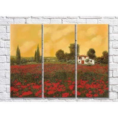 Pictură ArtPoster Poppy Field near the House in the Morning (3470921)