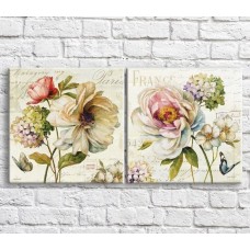 Pictură ArtPoster Butterflies and flowers multicolored on a Beige background, diptych (3467648)