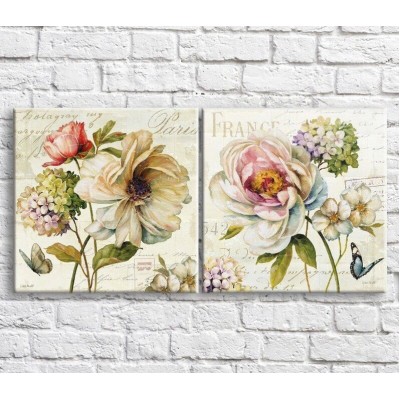 Pictură ArtPoster Butterflies and flowers multicolored on a Beige background, diptych (3467648)