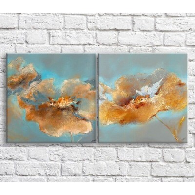 Pictură ArtPoster Beige poppies in watercolor on a Blue background, diptych (3467652)