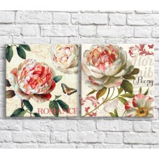 Pictură ArtPoster Red/White peonies and butterflies on a Beige background, diptych (3467754)