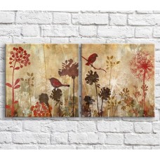 Pictură ArtPoster Wildflowers and birds in vintage style, graphics, diptych (3467757)