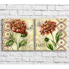 Pictură ArtPoster Red jardine against a background of butterflies and patterns, diptych (3467743)