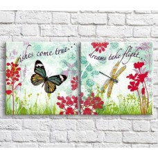 Pictură ArtPoster Colorful butterfly and dragonfly on a background of wildflowers, diptych (3467745)