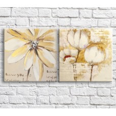 Pictură ArtPoster Cream gerbera and poppies on a Beige background with text, diptych (3467747)