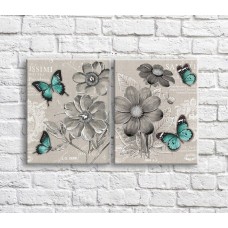 Pictură ArtPoster Green butterflies and wildflowers Black and White style (3467719)