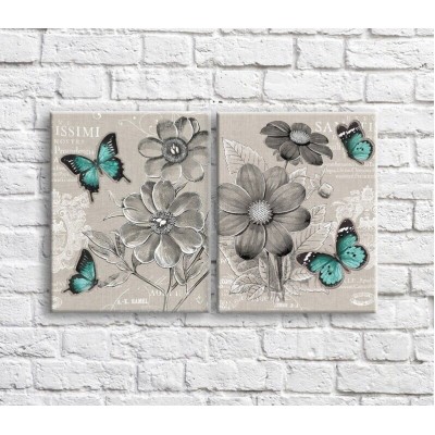 Pictură ArtPoster Green butterflies and wildflowers Black and White style (3467719)