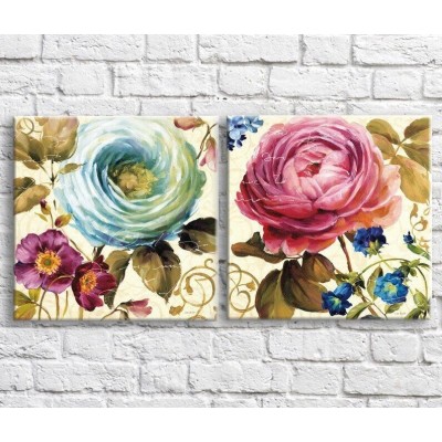 Pictură ArtPoster Blue and Pink peony in oil on a Beige background, diptych (3467720)