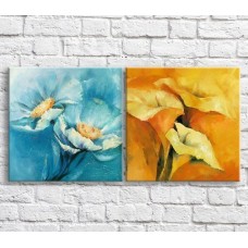 Pictură ArtPoster Calla lilies and chamomile oil on a Blue and Orange background, diptych (3467721)