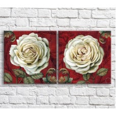 Pictură ArtPoster White rose bud on a Red background with patterns, diptych (3467705)